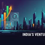 Illustration showing India’s venture debt growth with rising financial graphs, ₹ symbol, and a modern tech-focused startup landscape.