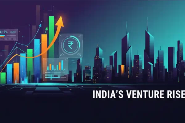 Illustration showing India’s venture debt growth with rising financial graphs, ₹ symbol, and a modern tech-focused startup landscape.