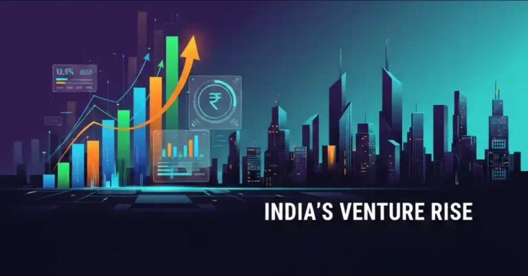 Illustration showing India’s venture debt growth with rising financial graphs, ₹ symbol, and a modern tech-focused startup landscape.