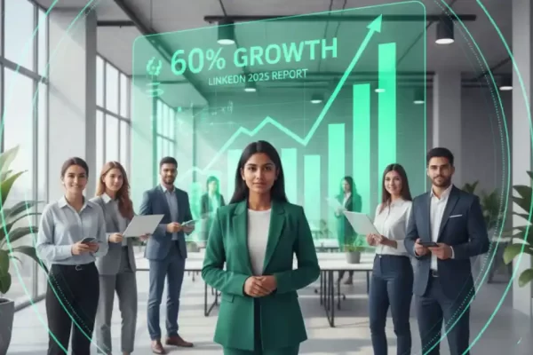 Professionals in a modern office with an overlay chart showing 60% growth