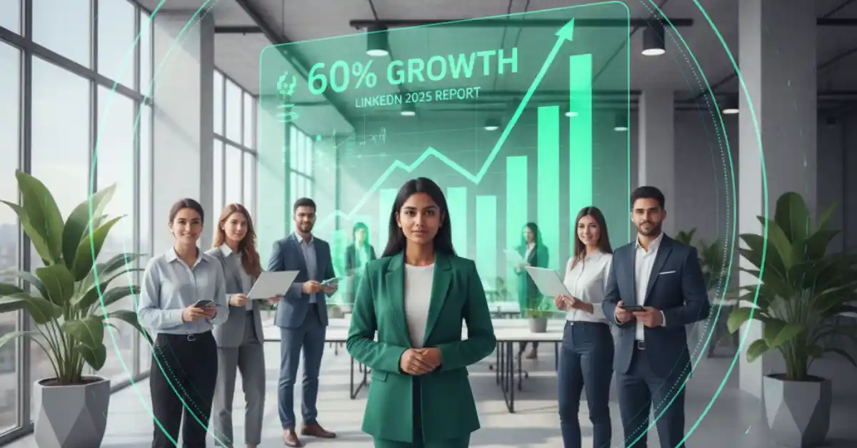 Professionals in a modern office with an overlay chart showing 60% growth