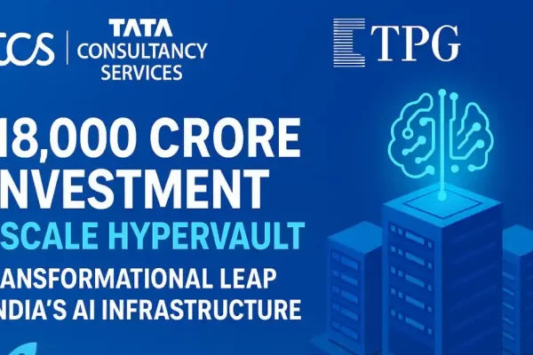 TCS and TPG logos with headline announcing ₹18,000 crore investment to scale HyperVault