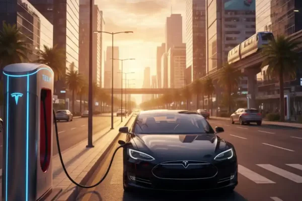 Tesla India electric car charging at a modern supercharger station, showcasing the company’s expanding EV ecosystem in the country.