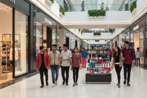 Modern, vibrant visual showing global fashion brands entering the Indian market; stylish storefronts of international clothing and personal care brands in a contemporary Indian mall; diverse Indian shoppers browsing western wear and premium accessories; bright, polished lighting; clean, editorial, magazine-style composition; professional commercial photography aesthetic.