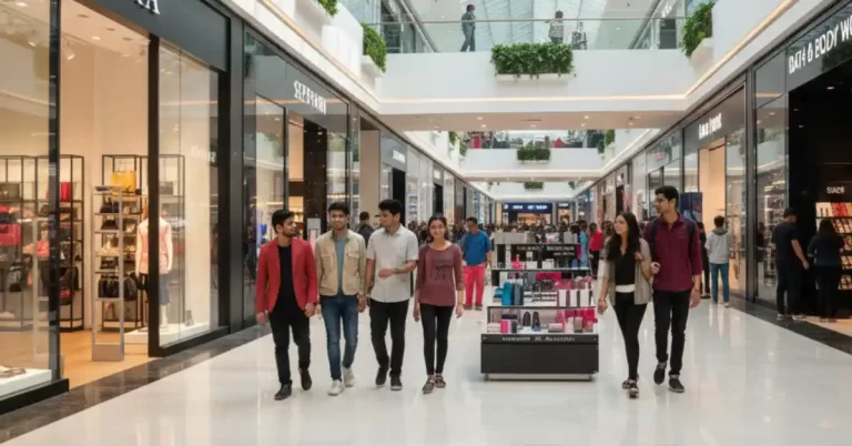 Modern, vibrant visual showing global fashion brands entering the Indian market; stylish storefronts of international clothing and personal care brands in a contemporary Indian mall; diverse Indian shoppers browsing western wear and premium accessories; bright, polished lighting; clean, editorial, magazine-style composition; professional commercial photography aesthetic.