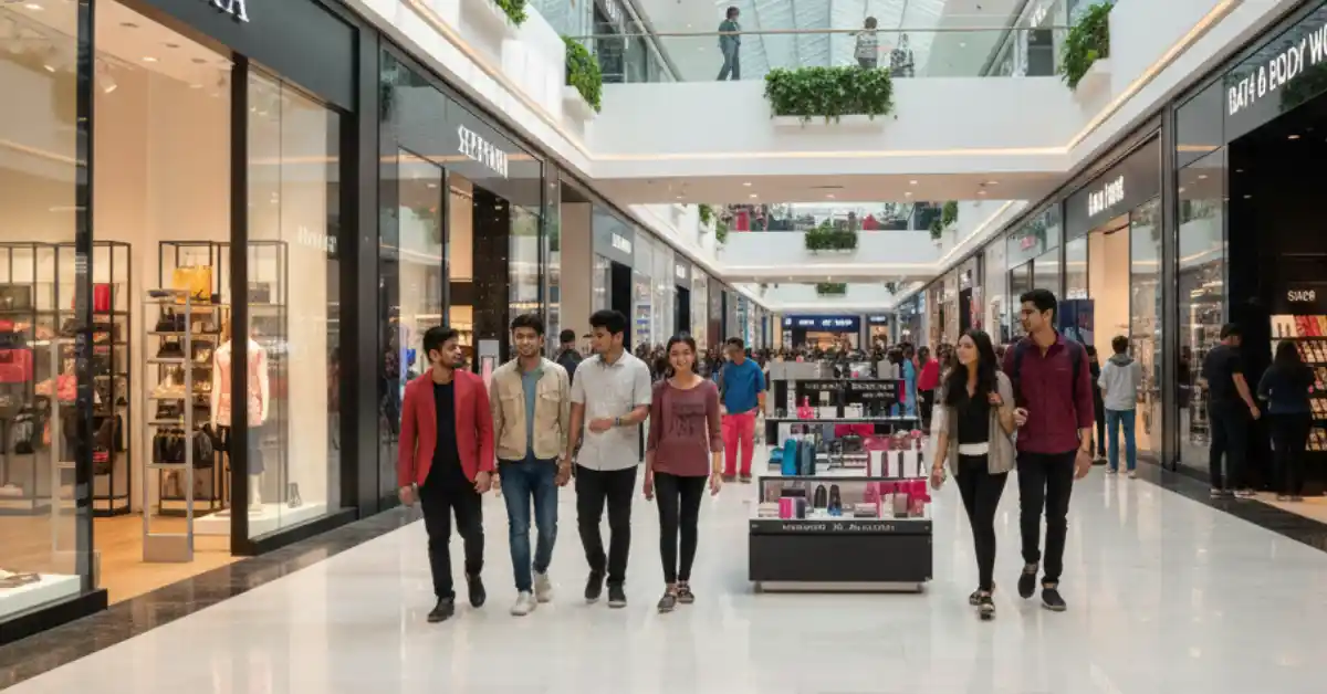 Modern, vibrant visual showing global fashion brands entering the Indian market; stylish storefronts of international clothing and personal care brands in a contemporary Indian mall; diverse Indian shoppers browsing western wear and premium accessories; bright, polished lighting; clean, editorial, magazine-style composition; professional commercial photography aesthetic.